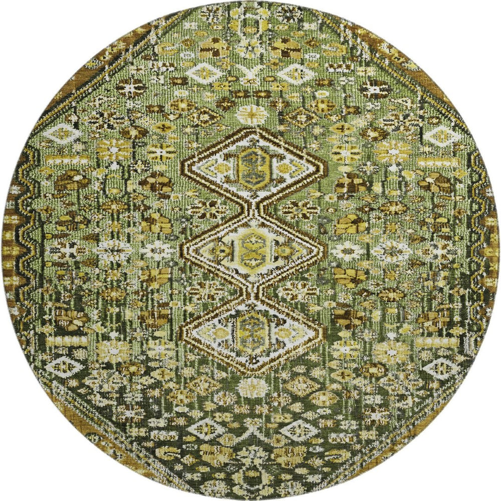 HomeRoots 8' Stylish Olive Green, Ivory & Brown Geometric Round Rug - Washable, UV-Protected, Stain-Resistant! 705164