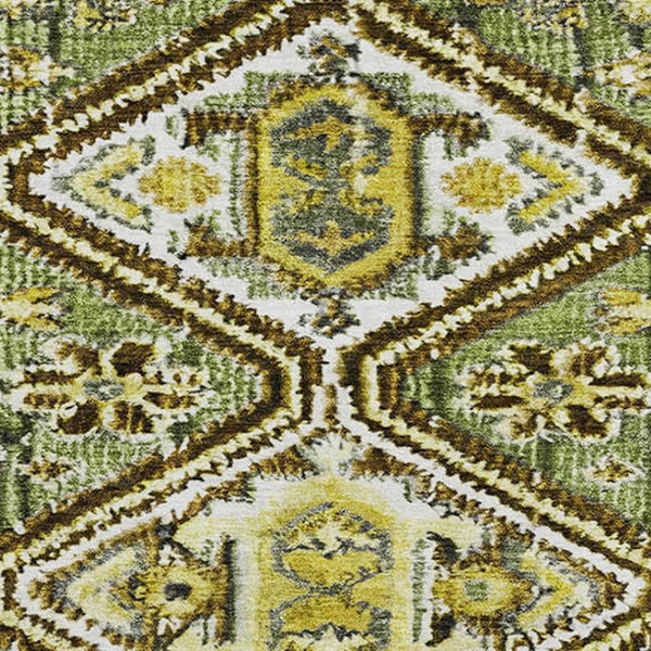 HomeRoots 8' Stylish Olive Green, Ivory & Brown Geometric Round Rug - Washable, UV-Protected, Stain-Resistant! 705164