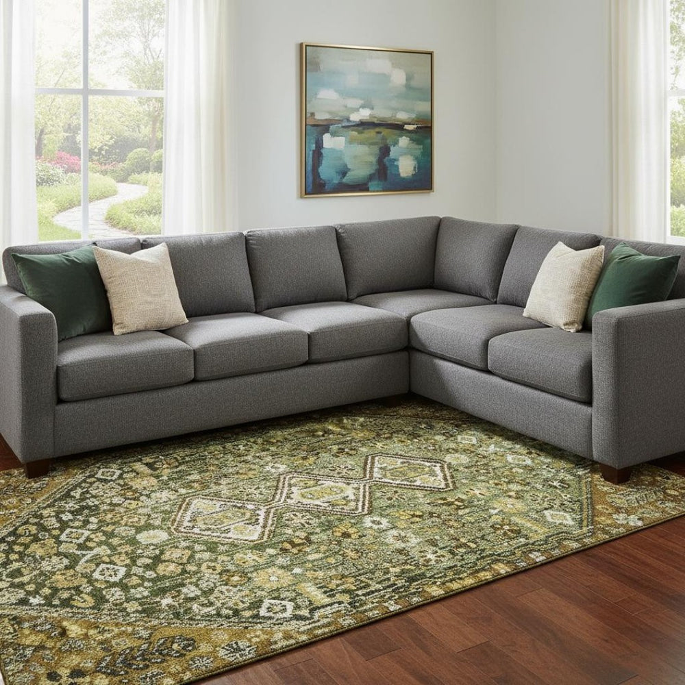 HomeRoots 8' X 10' Stylish Olive Green Geometric Area Rug - Washable, Stain-Resistant, UV-Protected Design 705165