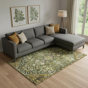 HomeRoots 9' X 12' Geometric Area Rug in Olive Green, Ivory & Brown - Washable, UV-Protected & Durable Design 705166