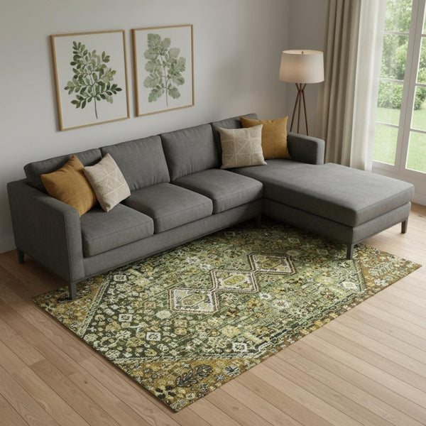 HomeRoots 9' X 12' Geometric Area Rug in Olive Green, Ivory & Brown - Washable, UV-Protected & Durable Design 705166