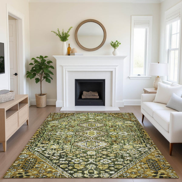 HomeRoots 9' X 12' Geometric Area Rug in Olive Green, Ivory & Brown - Washable, UV-Protected & Durable Design 705166