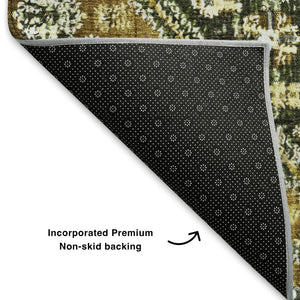 HomeRoots 9' X 12' Geometric Area Rug in Olive Green, Ivory & Brown - Washable, UV-Protected & Durable Design 705166