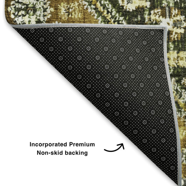 HomeRoots 9' X 12' Geometric Area Rug in Olive Green, Ivory & Brown - Washable, UV-Protected & Durable Design 705166