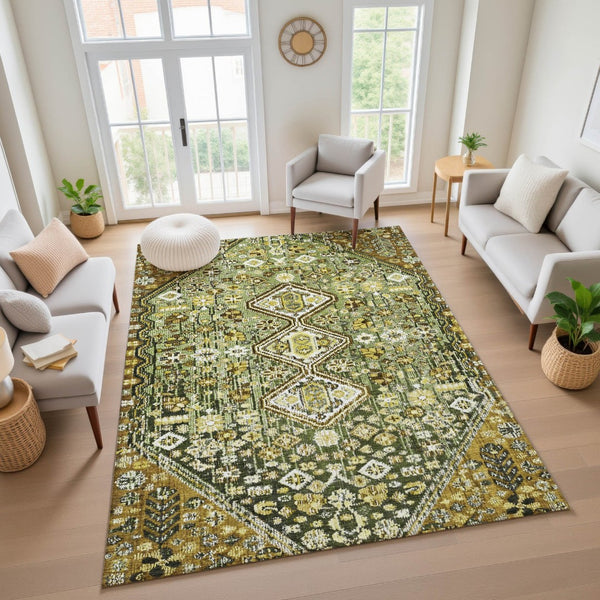 HomeRoots 9' X 12' Geometric Area Rug in Olive Green, Ivory & Brown - Washable, UV-Protected & Durable Design 705166