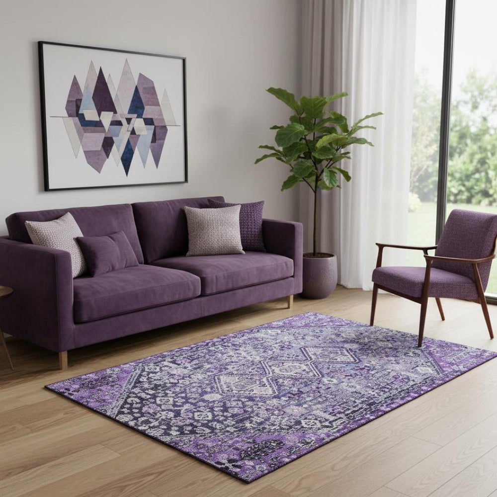 HomeRoots 5' X 8' Purple & Ivory Geometric Area Rug - Washable, UV-Protected, Stain Resistant for Modern Homes 705169