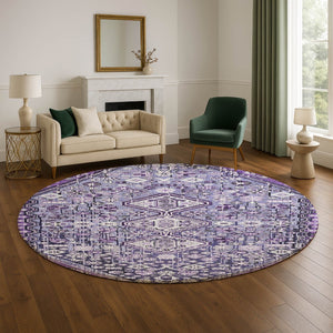 HomeRoots 8' Purple and Ivory Geometric Round Rug – Washable, UV-Protected, Non-Slip for Modern Spaces 705170
