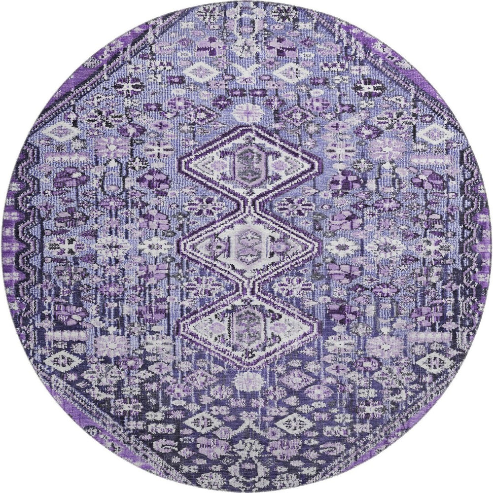 HomeRoots 8' Purple and Ivory Geometric Round Rug – Washable, UV-Protected, Non-Slip for Modern Spaces 705170