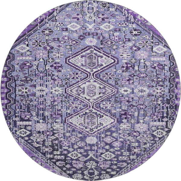 HomeRoots 8' Purple and Ivory Geometric Round Rug – Washable, UV-Protected, Non-Slip for Modern Spaces 705170