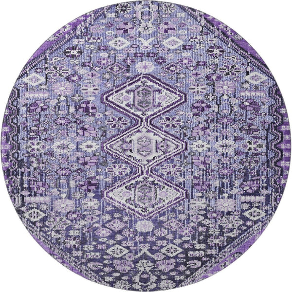 HomeRoots 8' Purple and Ivory Geometric Round Rug – Washable, UV-Protected, Non-Slip for Modern Spaces 705170