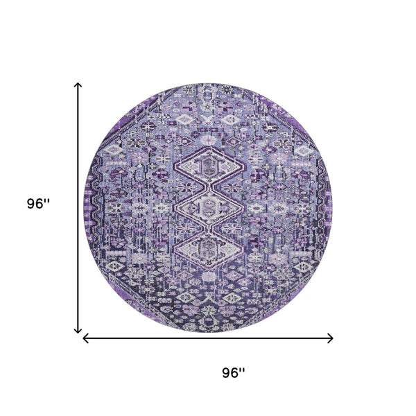 HomeRoots 8' Purple and Ivory Geometric Round Rug – Washable, UV-Protected, Non-Slip for Modern Spaces 705170