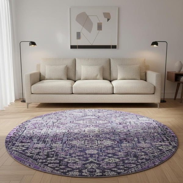 HomeRoots 8' Purple and Ivory Geometric Round Rug – Washable, UV-Protected, Non-Slip for Modern Spaces 705170