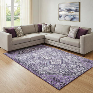 HomeRoots 8' X 10' Purple and Ivory Geometric Area Rug - Washable, Stain Resistant, Non-Slip for High Traffic Homes 705171