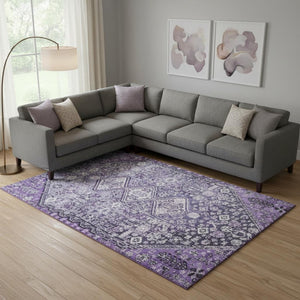 HomeRoots 9' X 12' Purple And Ivory Geometric Washable Area Rug - Stylish, Durable, UV Protected for Busy Homes 705172