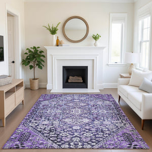HomeRoots 9' X 12' Purple And Ivory Geometric Washable Area Rug - Stylish, Durable, UV Protected for Busy Homes 705172