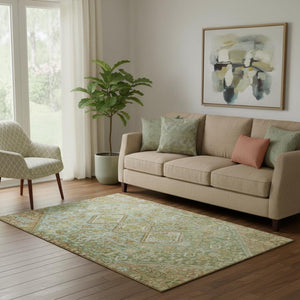 HomeRoots 5' X 8' Stylish Sage Ivory Tan Geometric Area Rug – Washable, UV-Protected, Perfect for Family Spaces 705175