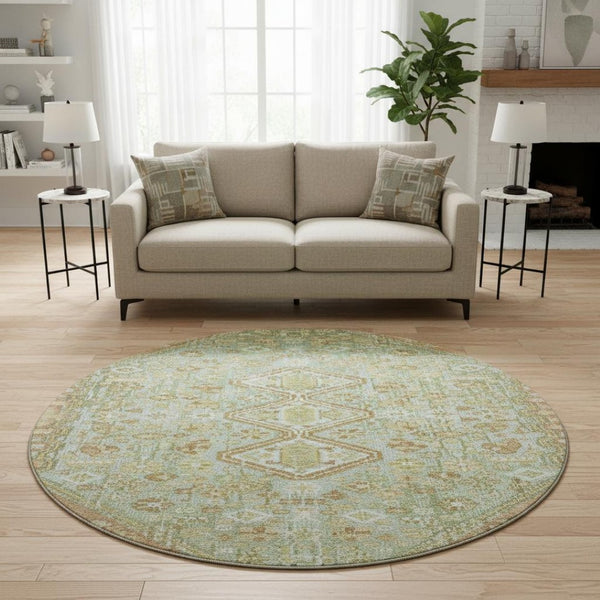 HomeRoots 8' Sage Ivory And Tan Geometric Round Rug – Washable, UV Protected, Perfect for Modern Spaces! 705176
