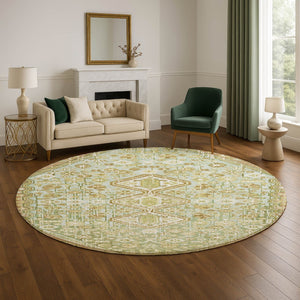 HomeRoots 8' Sage Ivory And Tan Geometric Round Rug – Washable, UV Protected, Perfect for Modern Spaces! 705176