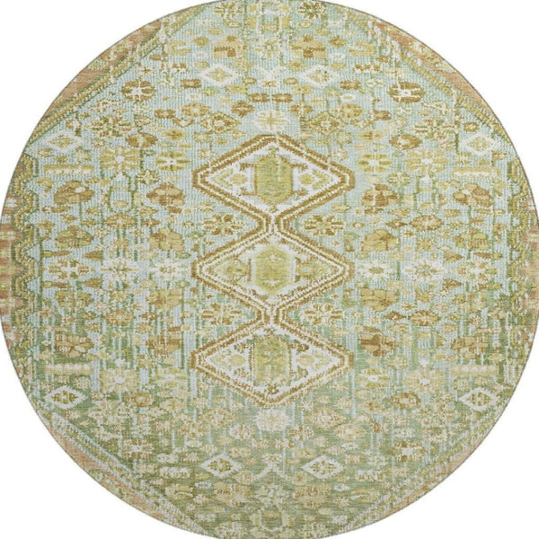 HomeRoots 8' Sage Ivory And Tan Geometric Round Rug – Washable, UV Protected, Perfect for Modern Spaces! 705176