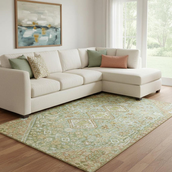 HomeRoots 8' X 10' Washable Sage Ivory Tan Geometric Area Rug with UV Protection for Busy Homes & Style 705177