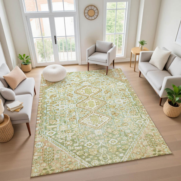 HomeRoots 9' X 12' Sage Ivory Tan Geometric Washable Area Rug - Stylish, Durable, Pet-Friendly, UV Protected 705178