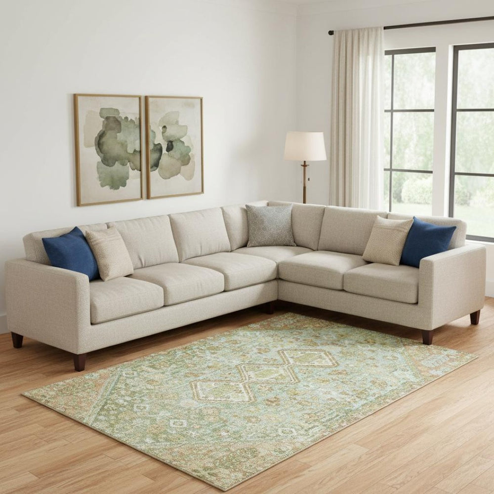 HomeRoots 10' X 14' Sage Ivory Tan Geometric Area Rug - Washable, UV Protected, Stain Resistant for Homes 705179