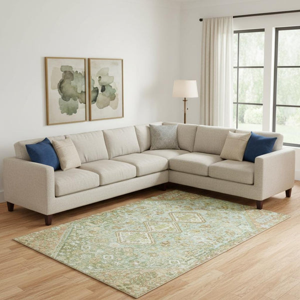 HomeRoots 10' X 14' Sage Ivory Tan Geometric Area Rug - Washable, UV Protected, Stain Resistant for Homes 705179