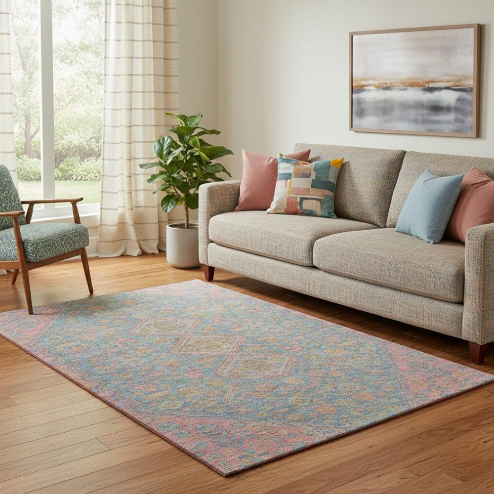 HomeRoots 5' X 8' Sky Blue, Teal & Blush Geometric Area Rug – Durable, Washable, UV-Protected for Modern Homes 705181