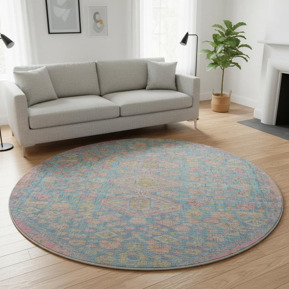 HomeRoots 8' Sky Blue, Teal & Blush Geometric Round Rug – Washable, UV-Protected, Durable for Any Space 705182