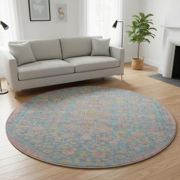 HomeRoots 8' Sky Blue, Teal & Blush Geometric Round Rug – Washable, UV-Protected, Durable for Any Space 705182