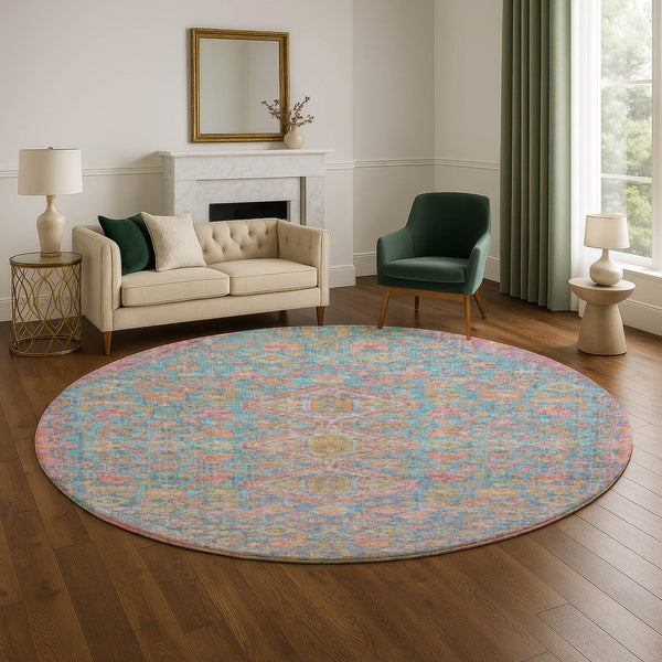 HomeRoots 8' Sky Blue, Teal & Blush Geometric Round Rug – Washable, UV-Protected, Durable for Any Space 705182