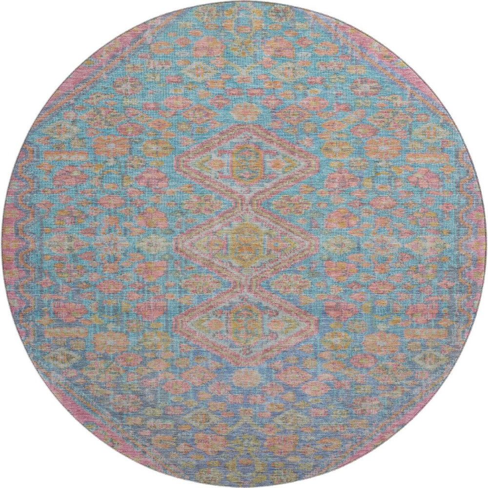 HomeRoots 8' Sky Blue, Teal & Blush Geometric Round Rug – Washable, UV-Protected, Durable for Any Space 705182