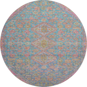 HomeRoots 8' Sky Blue, Teal & Blush Geometric Round Rug – Washable, UV-Protected, Durable for Any Space 705182