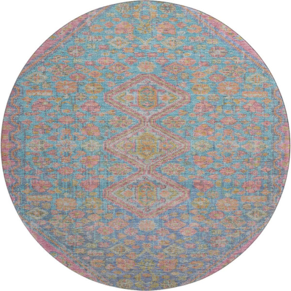 HomeRoots 8' Sky Blue, Teal & Blush Geometric Round Rug – Washable, UV-Protected, Durable for Any Space 705182