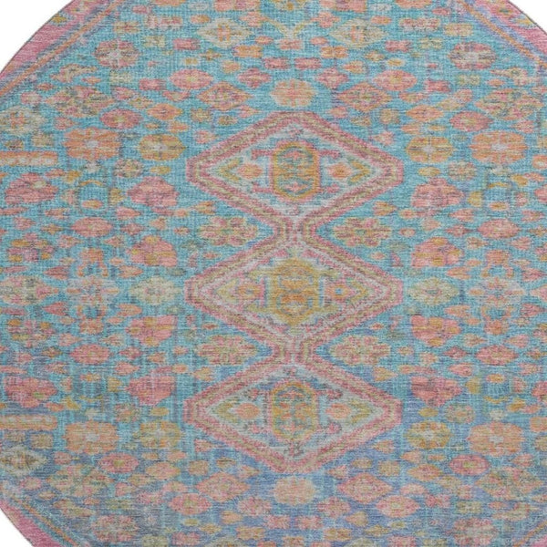 HomeRoots 8' Sky Blue, Teal & Blush Geometric Round Rug – Washable, UV-Protected, Durable for Any Space 705182