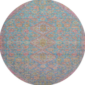 HomeRoots 8' Sky Blue, Teal & Blush Geometric Round Rug – Washable, UV-Protected, Durable for Any Space 705182