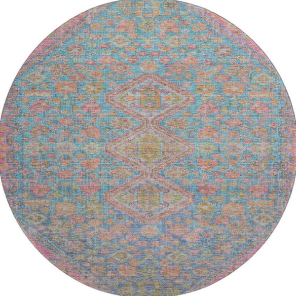 HomeRoots 8' Sky Blue, Teal & Blush Geometric Round Rug – Washable, UV-Protected, Durable for Any Space 705182