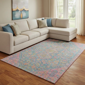 HomeRoots 8' X 10' Washable Sky Blue, Teal & Blush Geometric Area Rug with UV Protection for High-Traffic Spaces 705183