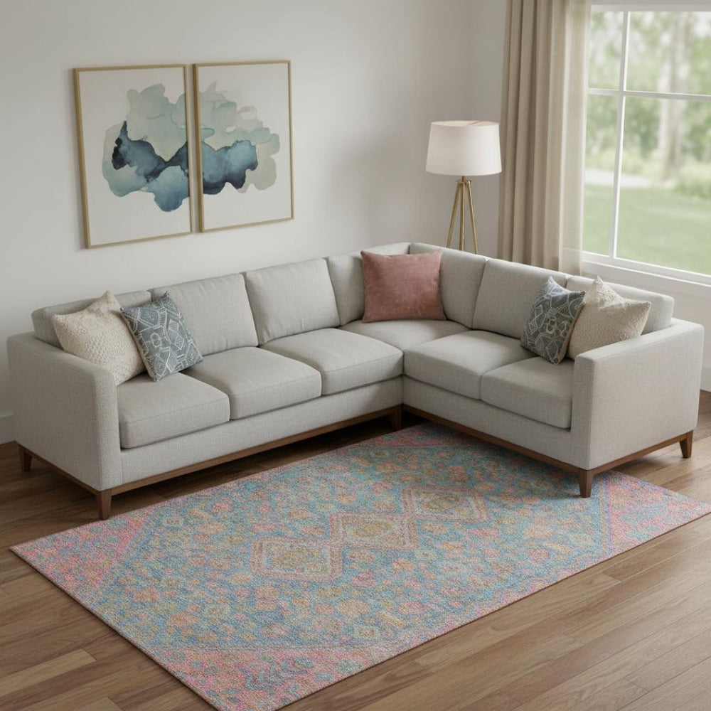 HomeRoots 9' X 12' Modern Geometric Area Rug in Sky Blue, Teal & Blush - Washable, UV Protected & Stain Resistant! 705184