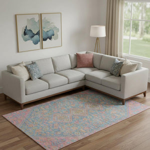 HomeRoots 9' X 12' Modern Geometric Area Rug in Sky Blue, Teal & Blush - Washable, UV Protected & Stain Resistant! 705184