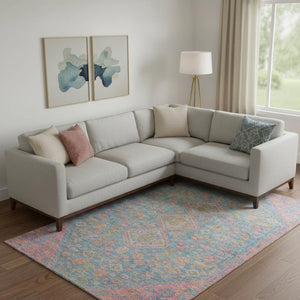 HomeRoots 10' X 14' Stylish Sky Blue, Teal & Blush Geometric Washable Area Rug with UV Protection for Homes 705185