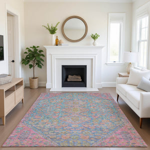 HomeRoots 10' X 14' Stylish Sky Blue, Teal & Blush Geometric Washable Area Rug with UV Protection for Homes 705185