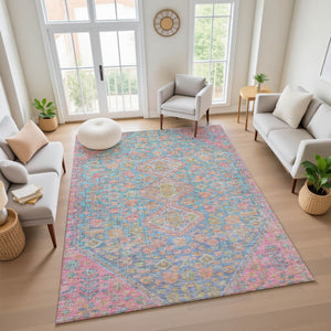 HomeRoots 10' X 14' Stylish Sky Blue, Teal & Blush Geometric Washable Area Rug with UV Protection for Homes 705185