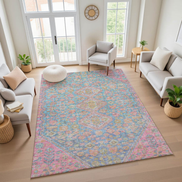 HomeRoots 10' X 14' Stylish Sky Blue, Teal & Blush Geometric Washable Area Rug with UV Protection for Homes 705185