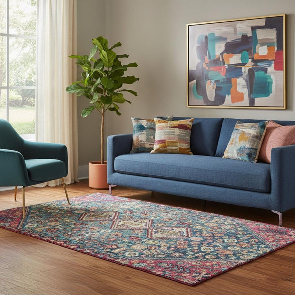 HomeRoots 5' X 8' Teal, Merlot & Ivory Geometric Area Rug - Washable, UV Protected, Perfect for Active Homes! 705187