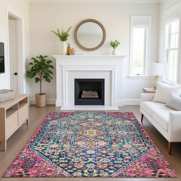 HomeRoots 5' X 8' Teal, Merlot & Ivory Geometric Area Rug - Washable, UV Protected, Perfect for Active Homes! 705187