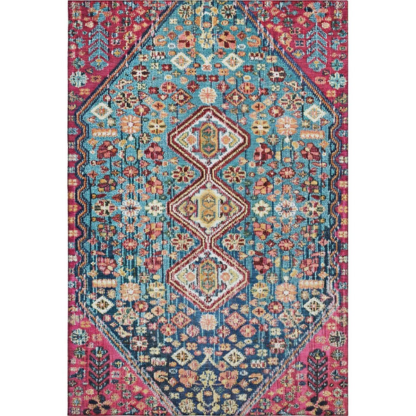 HomeRoots 5' X 8' Teal, Merlot & Ivory Geometric Area Rug - Washable, UV Protected, Perfect for Active Homes! 705187