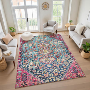 HomeRoots 5' X 8' Teal, Merlot & Ivory Geometric Area Rug - Washable, UV Protected, Perfect for Active Homes! 705187