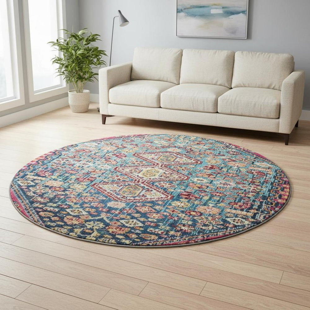 HomeRoots 8' Teal Merlot and Ivory Geometric Washable Area Rug with UV Protection for High-Traffic Spaces 705188
