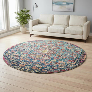 HomeRoots 8' Teal Merlot and Ivory Geometric Washable Area Rug with UV Protection for High-Traffic Spaces 705188